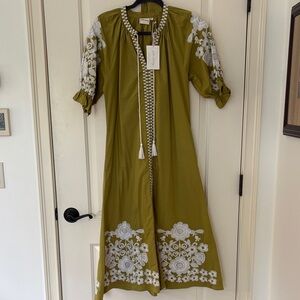 Julia Amory Coatue CaftanChic Olive Maxi Dress with Floral Embroidery